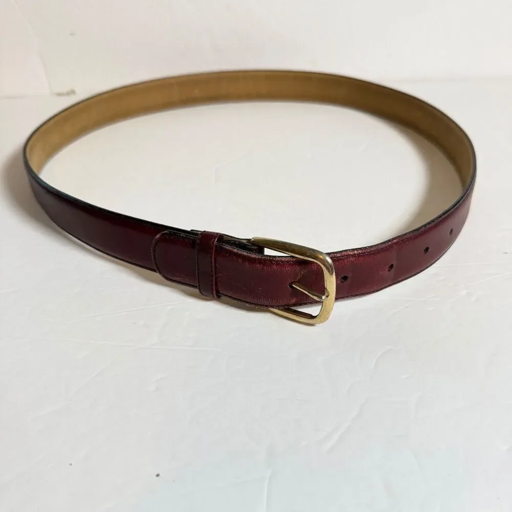 L'Aiglon Paris New York Burgundy Leather Belt Size 36 Full Grain Brass Buckle